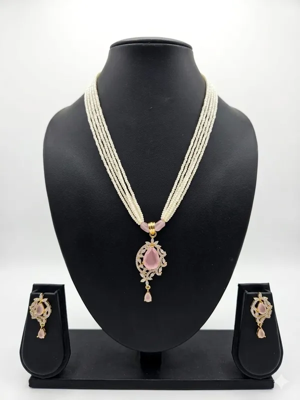 White_Pearl_Bead_Multi-Strand_Pink_Stone_Necklace_Set_For_Women