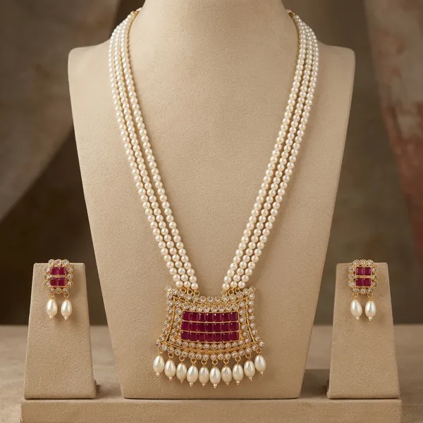 White_And_Red_Cz_Stone_Swarovski_Pearl_Beaded_Necklace_Set_For_Women