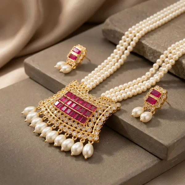 White_And_Red_Cz_Stone_Swarovski_Pearl_Beaded_Necklace_Set_For_Women