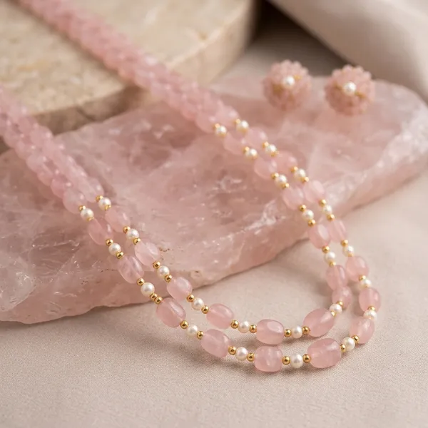 Pink_And_White_Monalisa_Bead_Double-Strand_Necklace_Set_For_Women