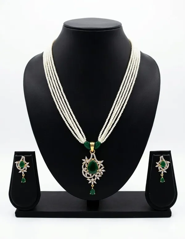 White_Pearl_Bead_Multi-Strand_Green_Stone_Pendant_Necklace_Set_For_Women