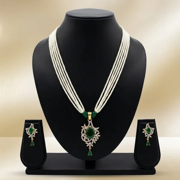 White_Pearl_Bead_Multi-Strand_Green_Stone_Pendant_Necklace_Set_For_Women