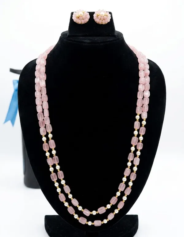 Pink_And_White_Monalisa_Bead_Double-Strand_Necklace_Set_For_Women