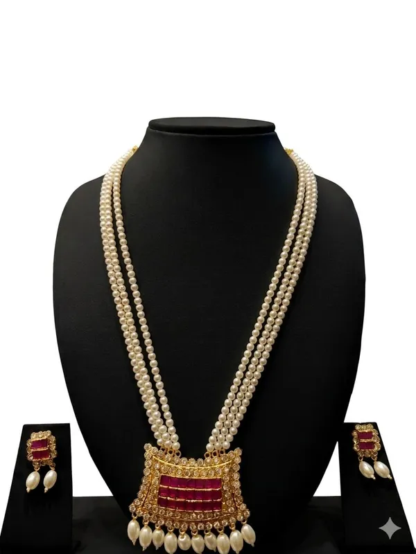 White_And_Red_Cz_Stone_Swarovski_Pearl_Beaded_Necklace_Set_For_Women