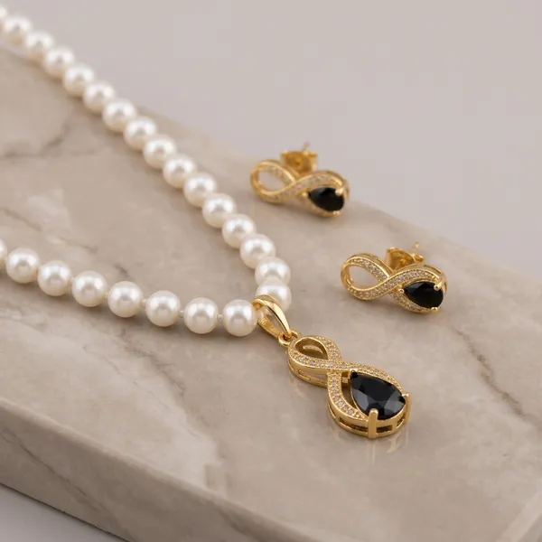 White_And_Black_Swarovski_Pearl_Cz_Infinity_Pendant_Necklace_Set_For_Women