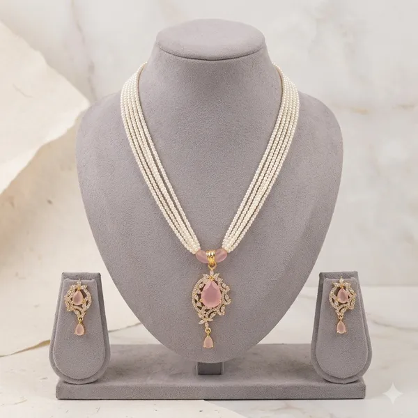 White_Pearl_Bead_Multi-Strand_Pink_Stone_Necklace_Set_For_Women