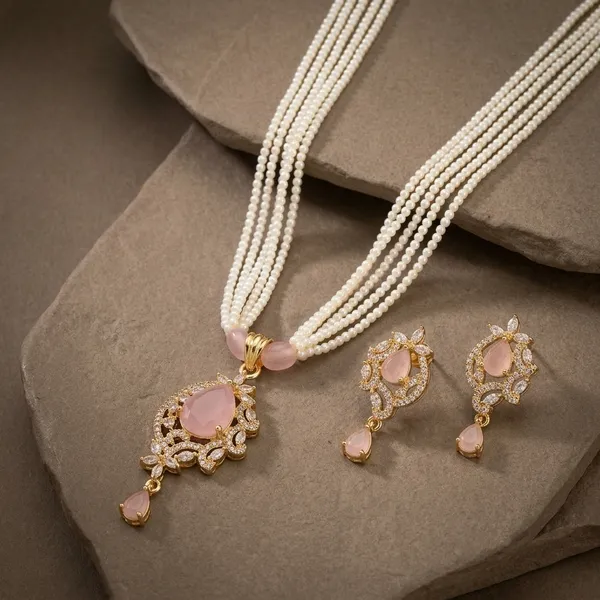 White_Pearl_Bead_Multi-Strand_Pink_Stone_Necklace_Set_For_Women
