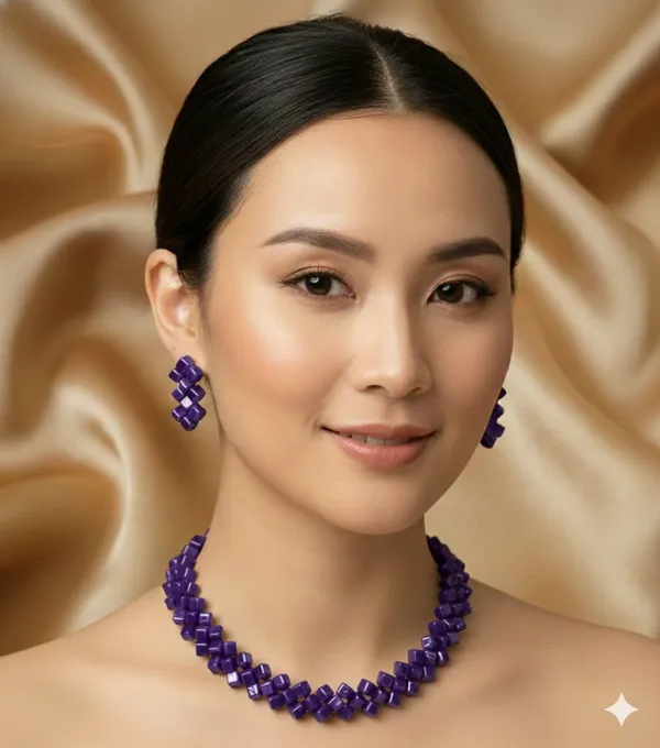 Purple_Square_Beaded_Necklace_With_Matching_Earrings_Jewelry_Set_For_Women