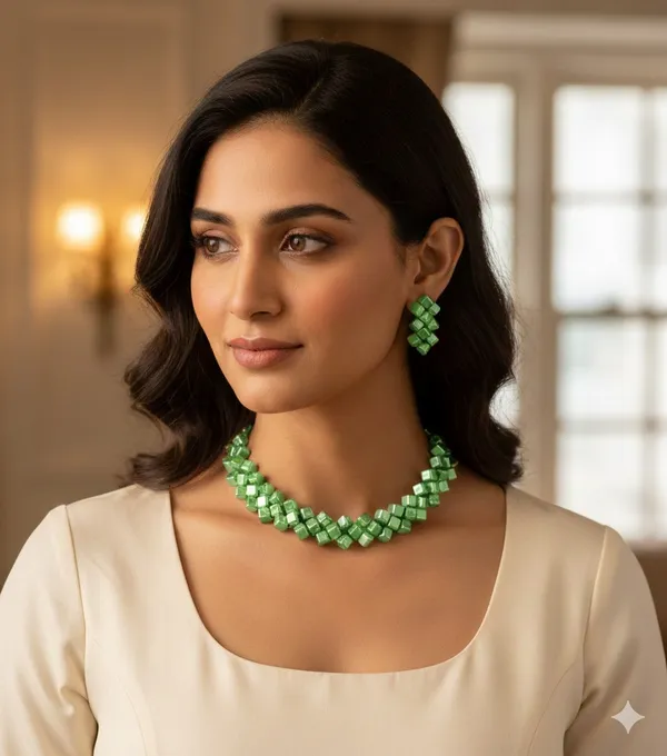 Green_Diamond-Pattern_Beaded_Jewellery_Set_With_Necklace_And_Earrings