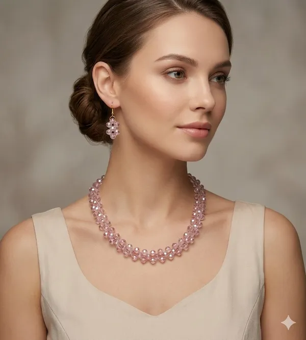 Pink_Crystal_Cluster_Square__Necklace_And_Earrings_Set