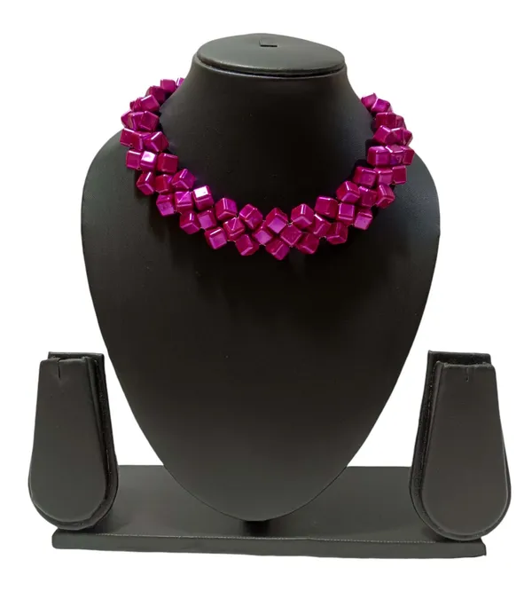 Magenta_Pink_Geometric_Stone_Necklace_And_Earring_Set_For_Women