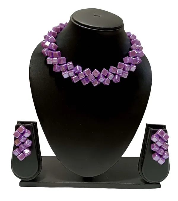 Lavender_Cube_Beaded_Necklace_And_Earrings_Set_For_Women