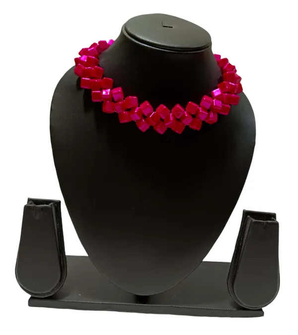 Pink_Square_Cube_Bead_Necklace_And_Earrings_Set_For_Women