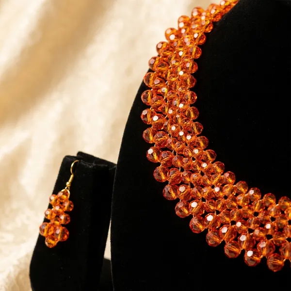 Sparkling_Orange_Crystal_Beaded_Necklace_And_Earring_Set
