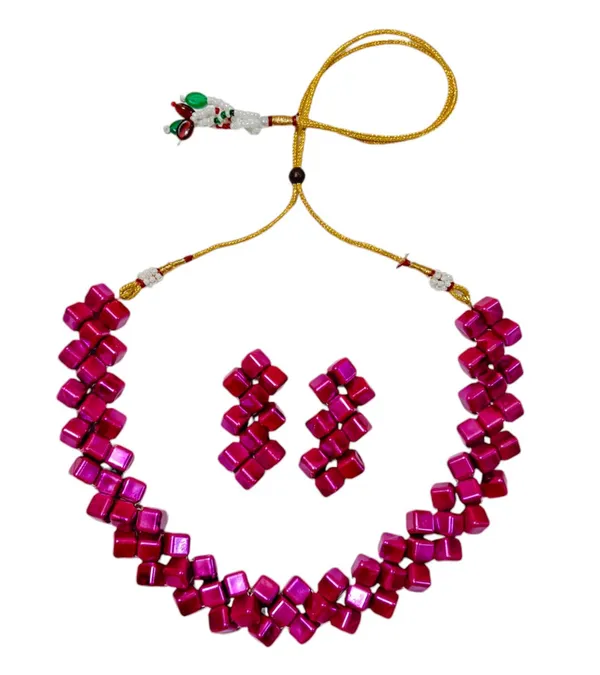 Magenta_Pink_Geometric_Stone_Necklace_And_Earring_Set_For_Women