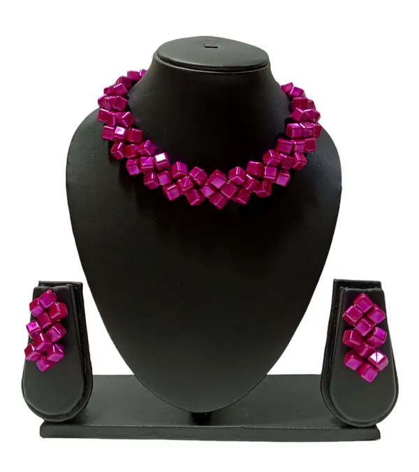 Magenta_Pink_Geometric_Stone_Necklace_And_Earring_Set_For_Women