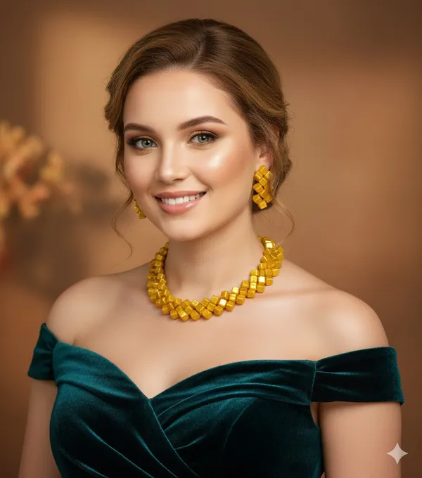 Yellow_Traditional_Amber_Yellow_Square_Bead_Necklace_And_Earrings_Set_For_Women