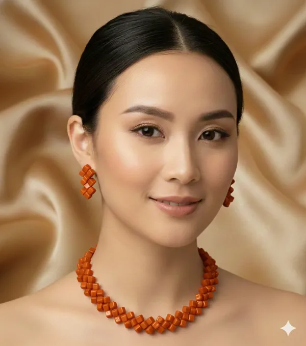 Orange_Square_Beaded_Necklace_And_Earring_Set