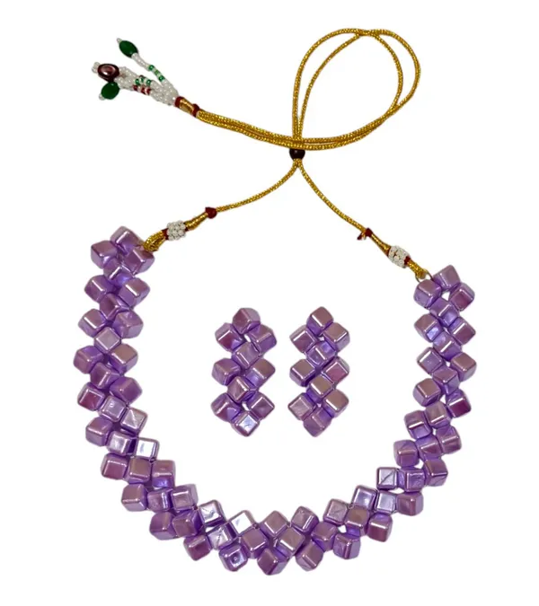 Lavender_Cube_Beaded_Necklace_And_Earrings_Set_For_Women