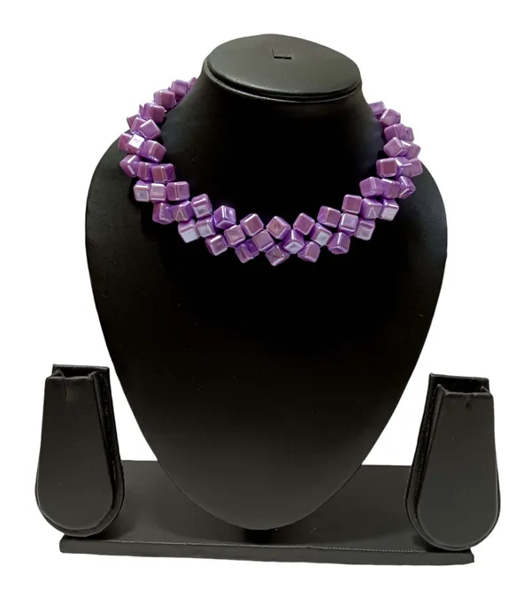 Lavender_Cube_Beaded_Necklace_And_Earrings_Set_For_Women