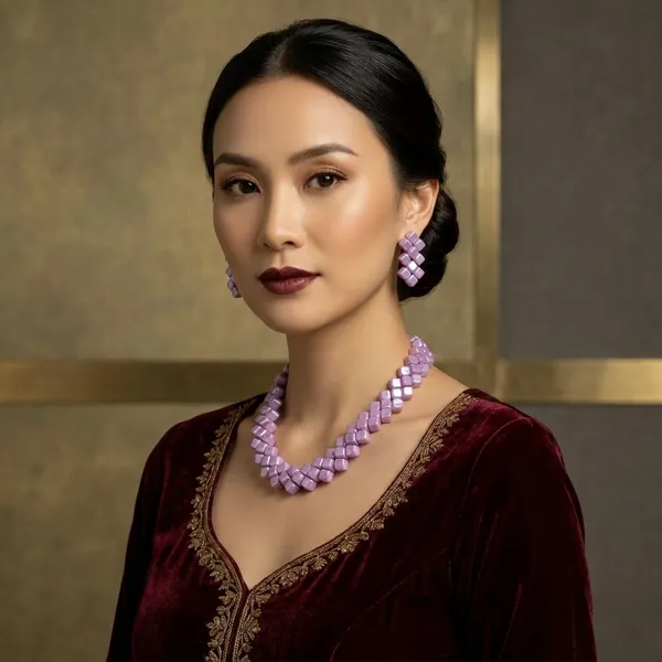 Lavender_Cube_Beaded_Necklace_And_Earrings_Set_For_Women