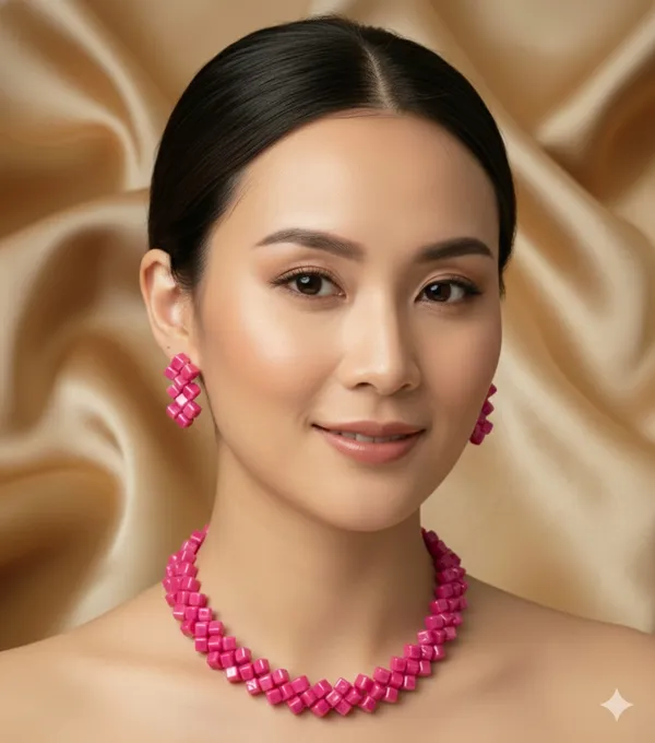 Magenta_Pink_Geometric_Stone_Necklace_And_Earring_Set_For_Women