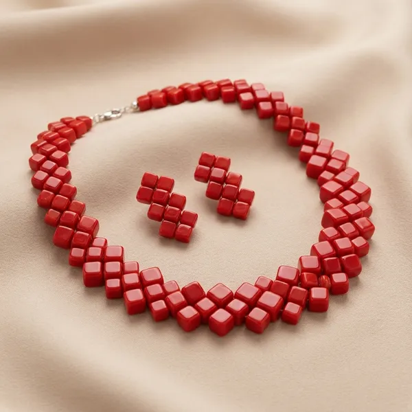 Red_Square_Beaded_Necklace_And_Earrings_Set