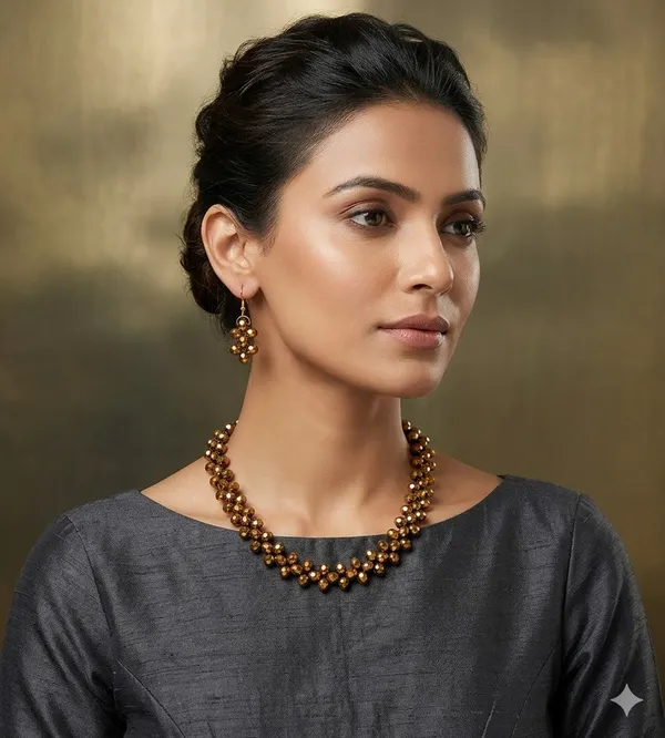 Gold-Toned_Beaded_Necklace_And_Earrings_Set