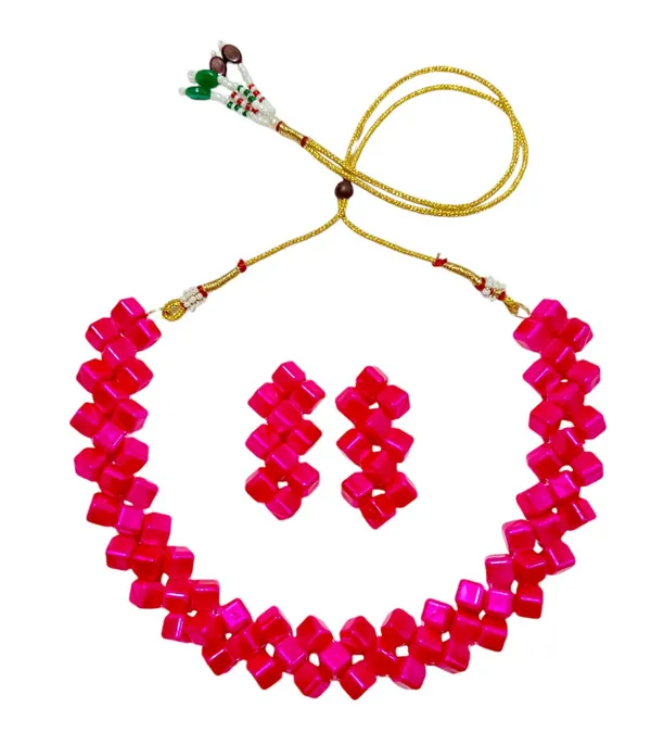 Pink_Square_Cube_Bead_Necklace_And_Earrings_Set_For_Women