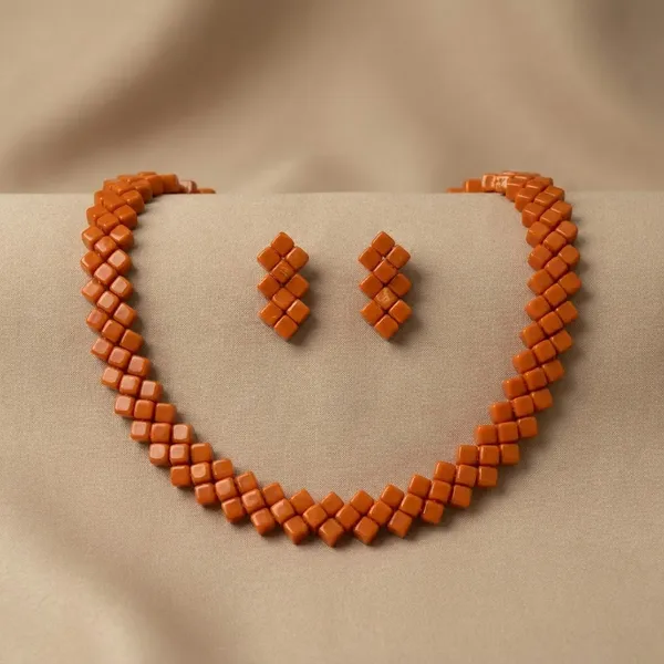 Orange_Square_Beaded_Necklace_And_Earring_Set