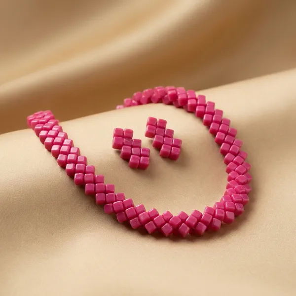Pink__Square_Beaded_Jewelry_Set_-_Statement_Necklace_&_Matching_Earrings
