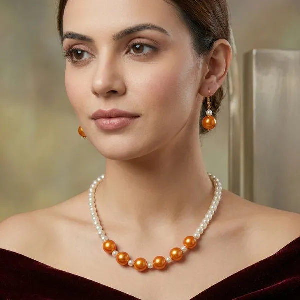 Cream_Orange_Gems_Pearl_Jewellery_Set_For_Women