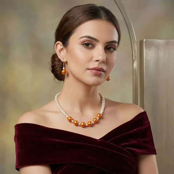 Cream_Orange_Gems_Pearl_Jewellery_Set_For_Women