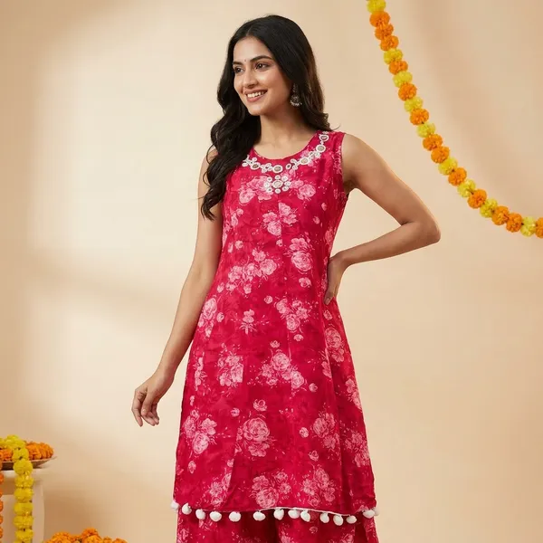 Red_Floral_Printed_Kurti_With_Pom-Pom_Border