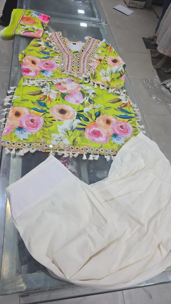 Bright_Yellow_Floral_Print_Ethnic_Kurti_With_White_Palazzo_Set