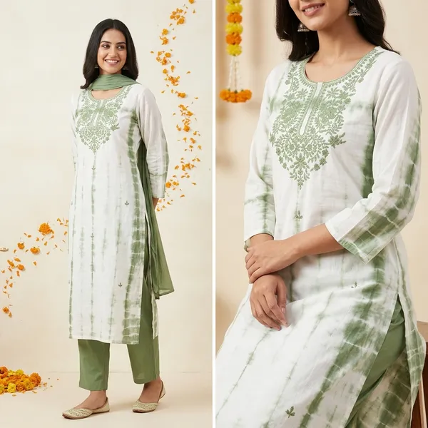 White_And_Sage_Green_Tie-Dye_Kurta_Set_With_Silver_Necklace