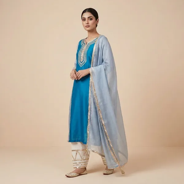 Blue_And_White_Embellished_Salwar_Suit_Set_With_Dupatta