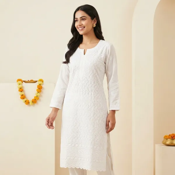 White_Chikankari_Embroidered_Ethnic_Kurti_For_Girls