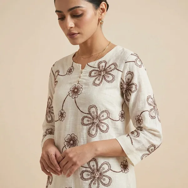Cream_Premium_Floral_Embroidered_Kurta