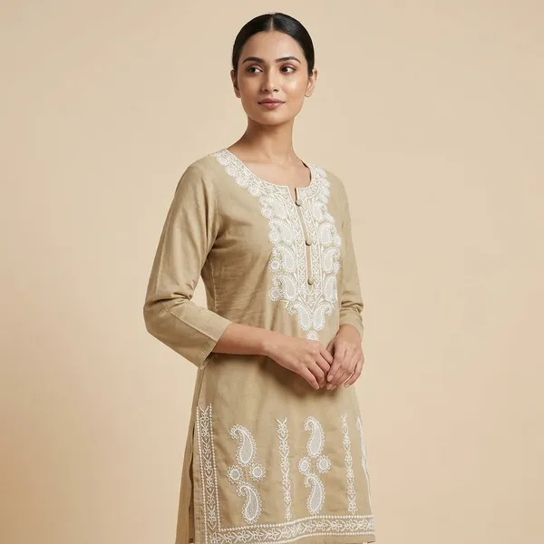 Beige_Embroidered_Kurti_With_Chikankari_Work