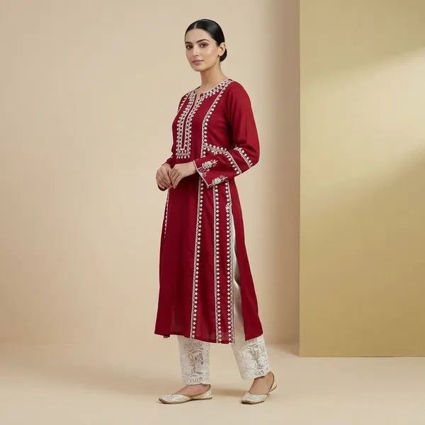 Red_Embroidered_Kurti_Set_With_White_Dupatta