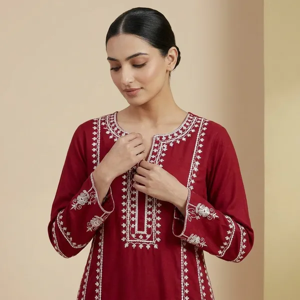 Red_Embroidered_Kurti_Set_With_White_Dupatta