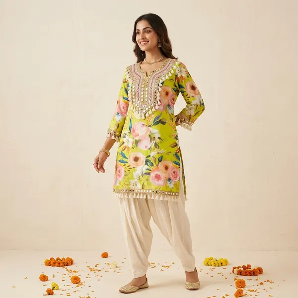Bright_Yellow_Floral_Print_Ethnic_Kurti_With_White_Palazzo_Set