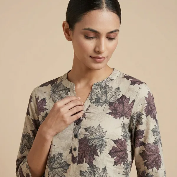 Maple_Leaf_Print_Kurta_Beige_With_Maroon_And_Grey_Leaves