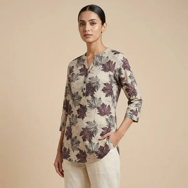 Maple_Leaf_Print_Kurta_Beige_With_Maroon_And_Grey_Leaves