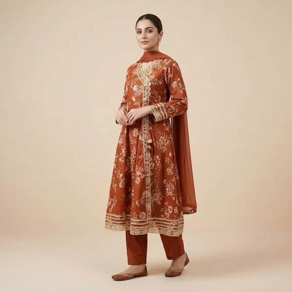 Orange_Floral_Printed_Salwar_Suit_Set_With_Dupatta