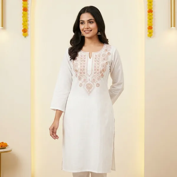 White_Embroidered_Short_Kurta_With_Peach_-_Gold_Neckline_Design