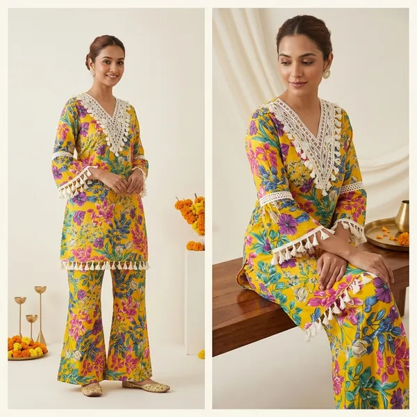 Vibrant_Yellow_Floral_Printed_Two-Piece_Dress_With_Crochet_Detailing