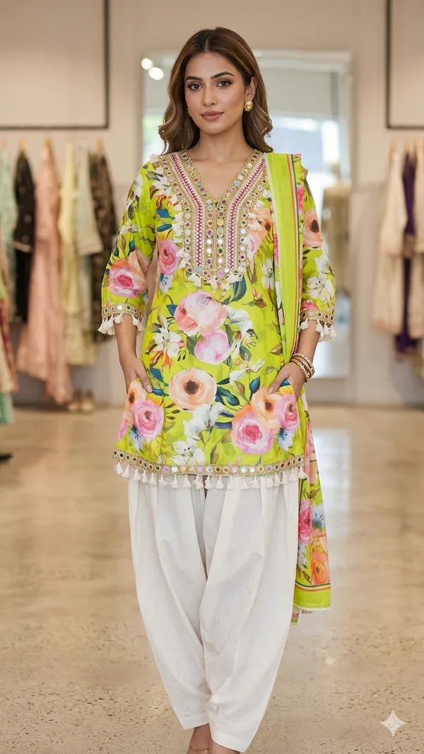 Bright_Yellow_Floral_Print_Ethnic_Kurti_With_White_Palazzo_Set
