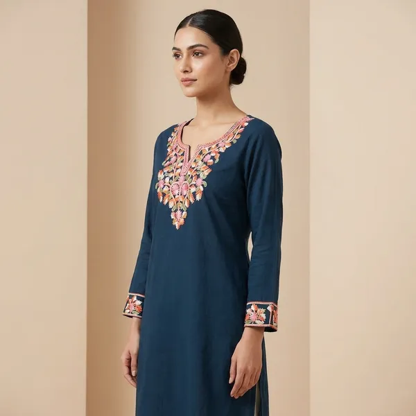 Teal_Blue_Embroidered_Kurti_With_Floral_Threadwork